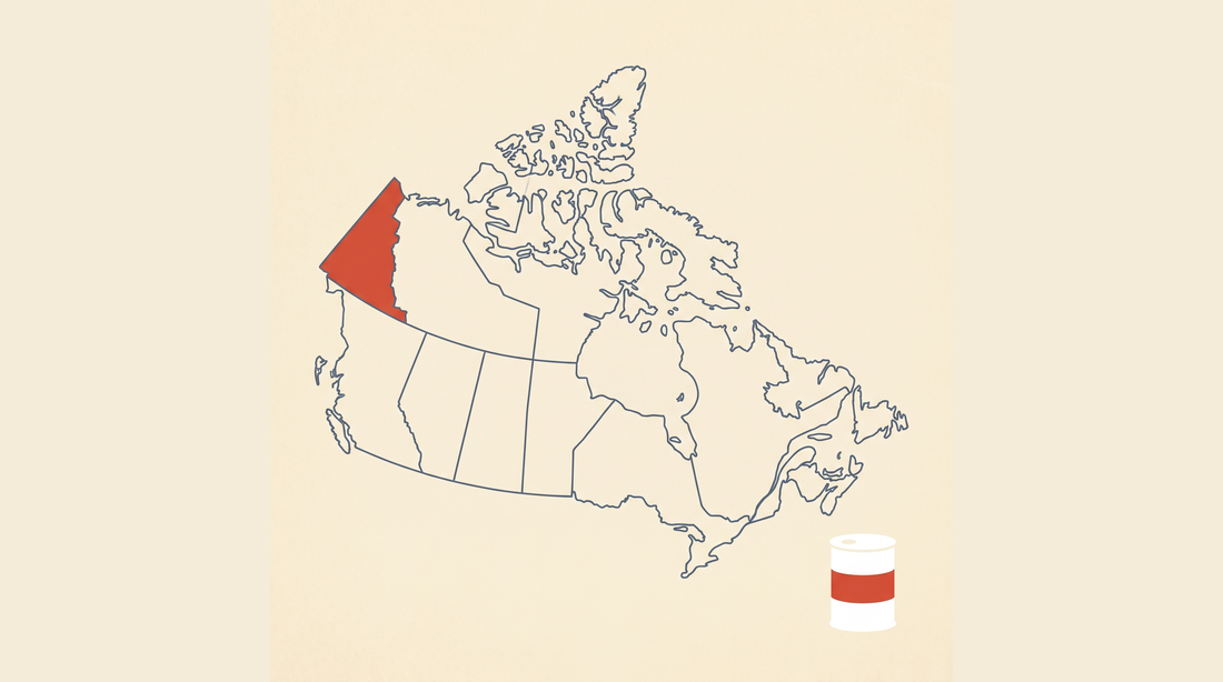 Flat-vector map of Canada with Yukon highlighted in coral on a cream background, next to a radon detector canister
