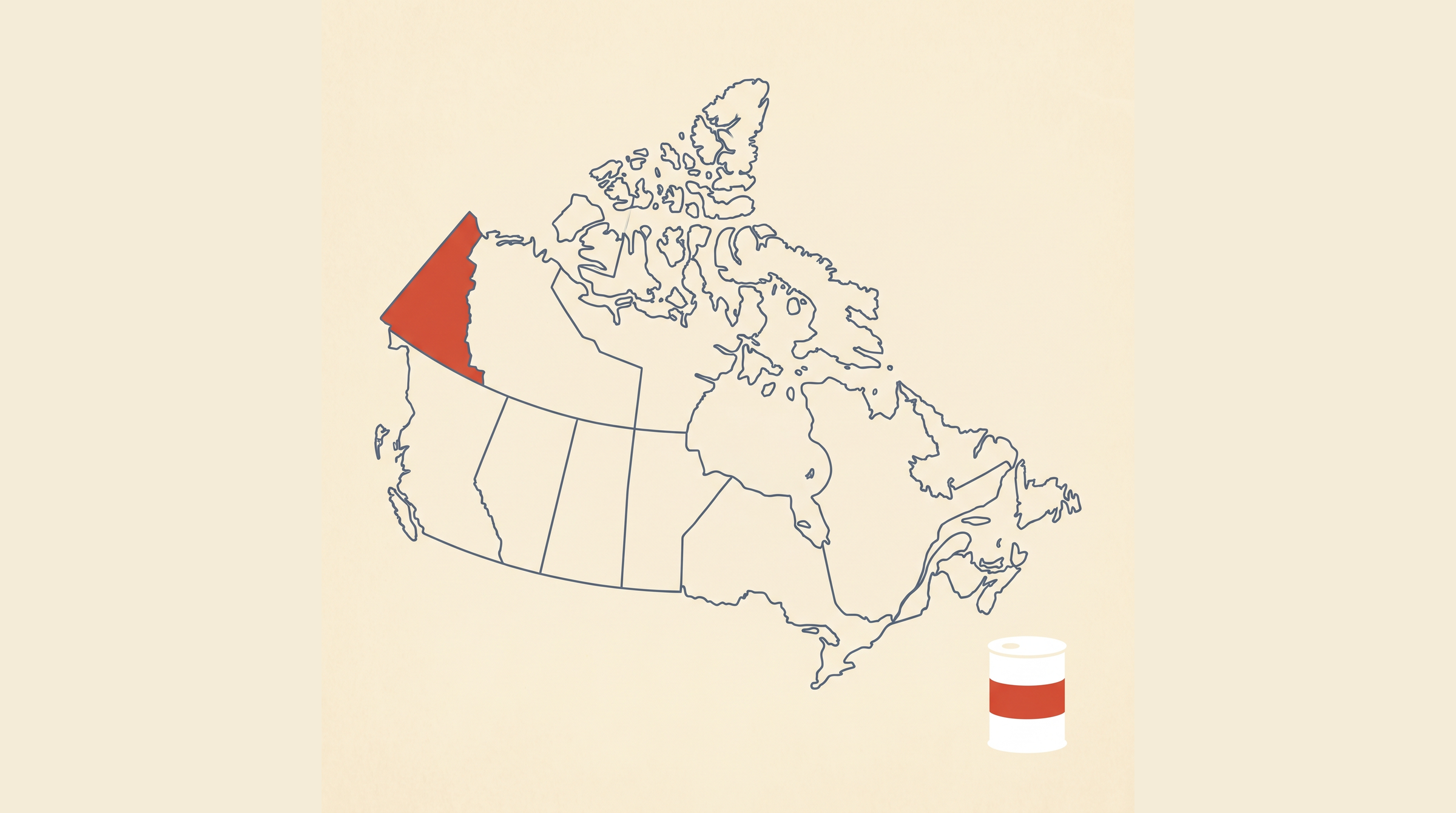 Flat-vector map of Canada with Yukon highlighted in coral on a cream background, next to a radon detector canister