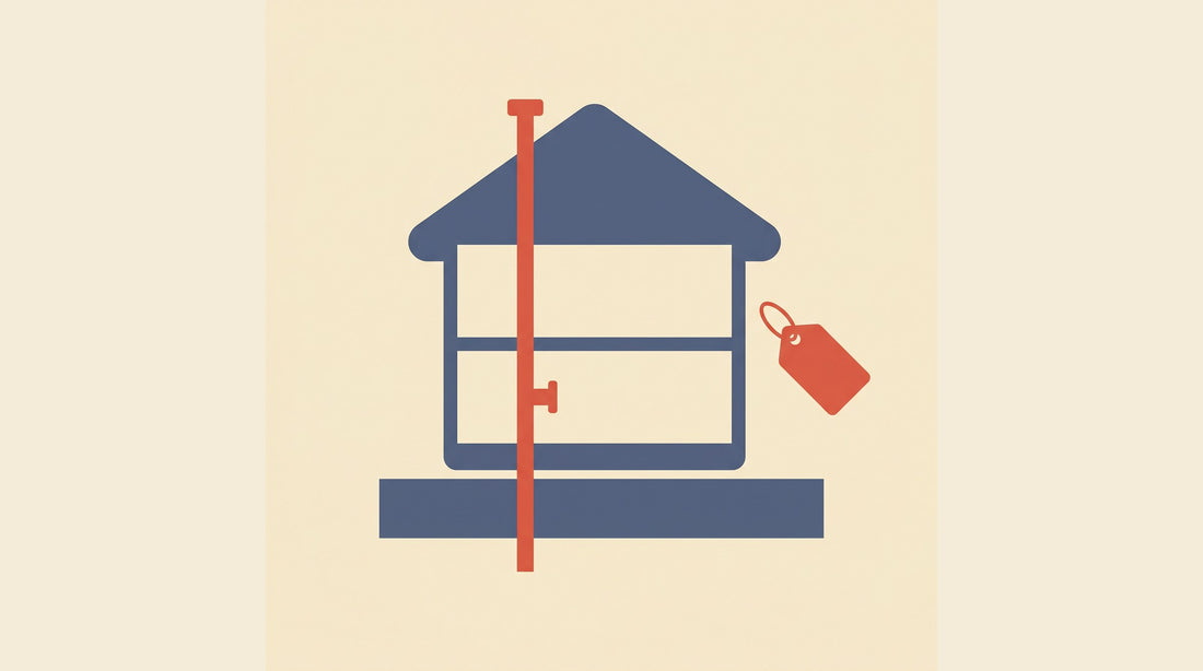 Flat-vector illustration of a house cross-section with a radon sub-slab depressurization mitigation pipe and a price tag — radon mitigation cost in Canada