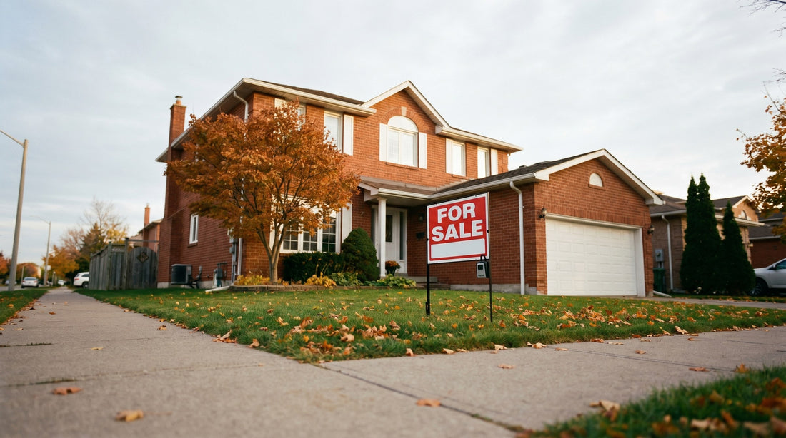 A classic Canadian suburban two-storey brick home in autumn with a red-and-white 'For Sale' sign in the front yard and maple leaves on the lawn