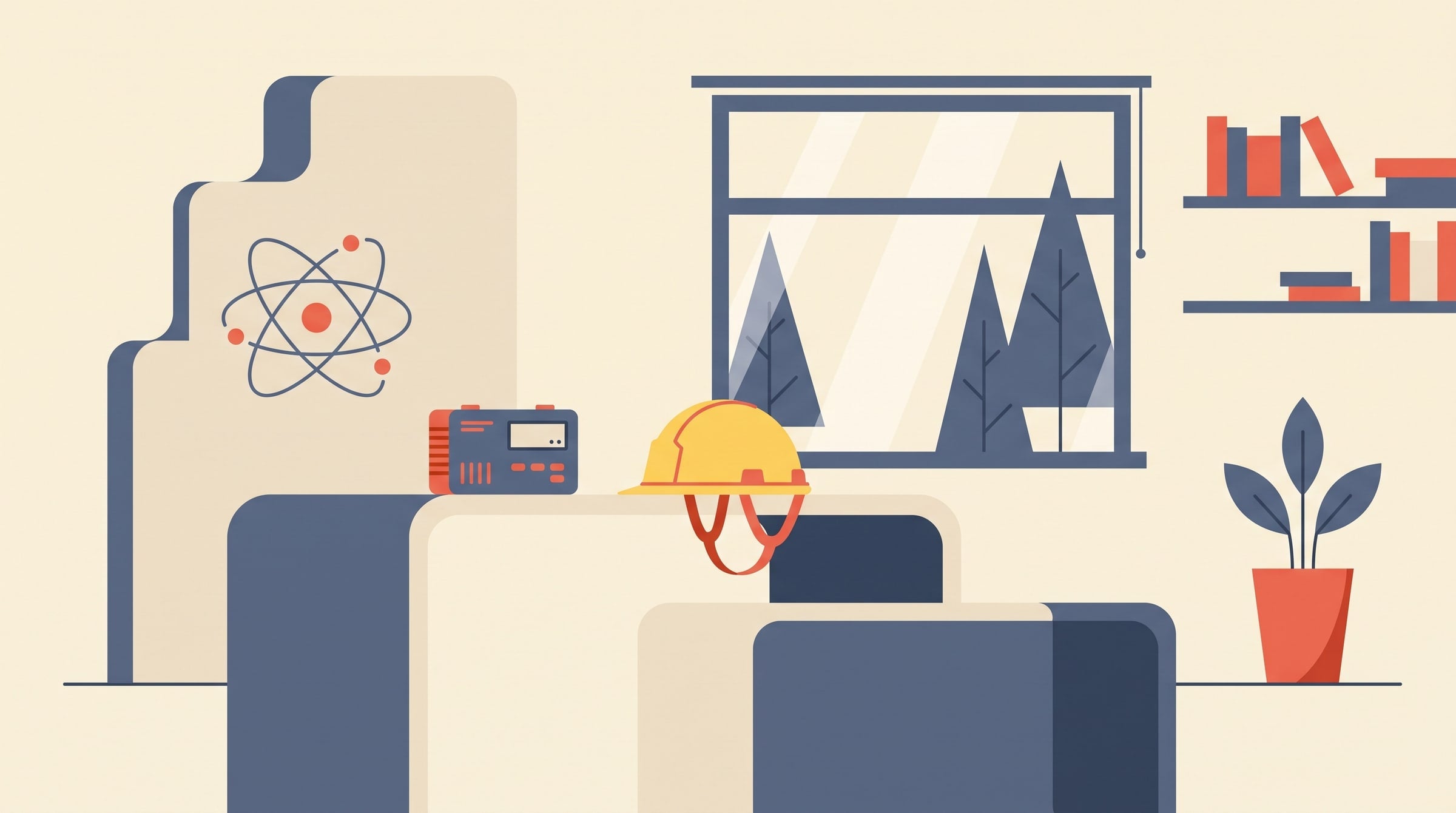 Flat-vector office workplace with a radon detector and hard hat — radon at work in Quebec (CNESST)