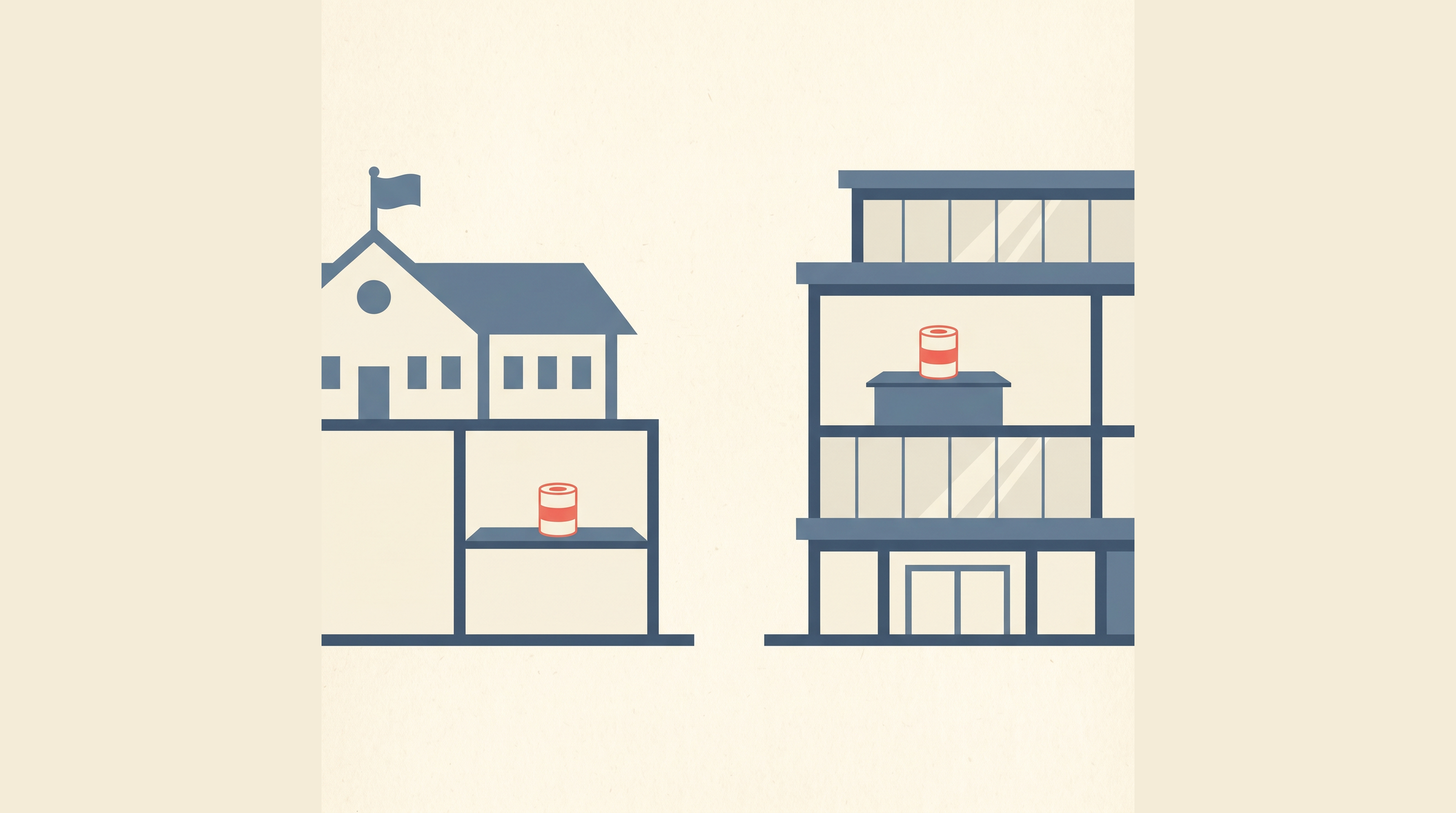 Flat-vector illustration of a Canadian school building and an office building, each with a radon detector visible inside, on a cream background