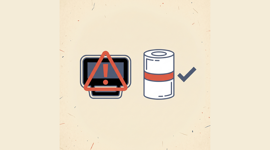 Flat-vector illustration of a recalled electronic radon monitor with a red warning triangle next to an approved alpha-track radon detector with a checkmark on a cream background