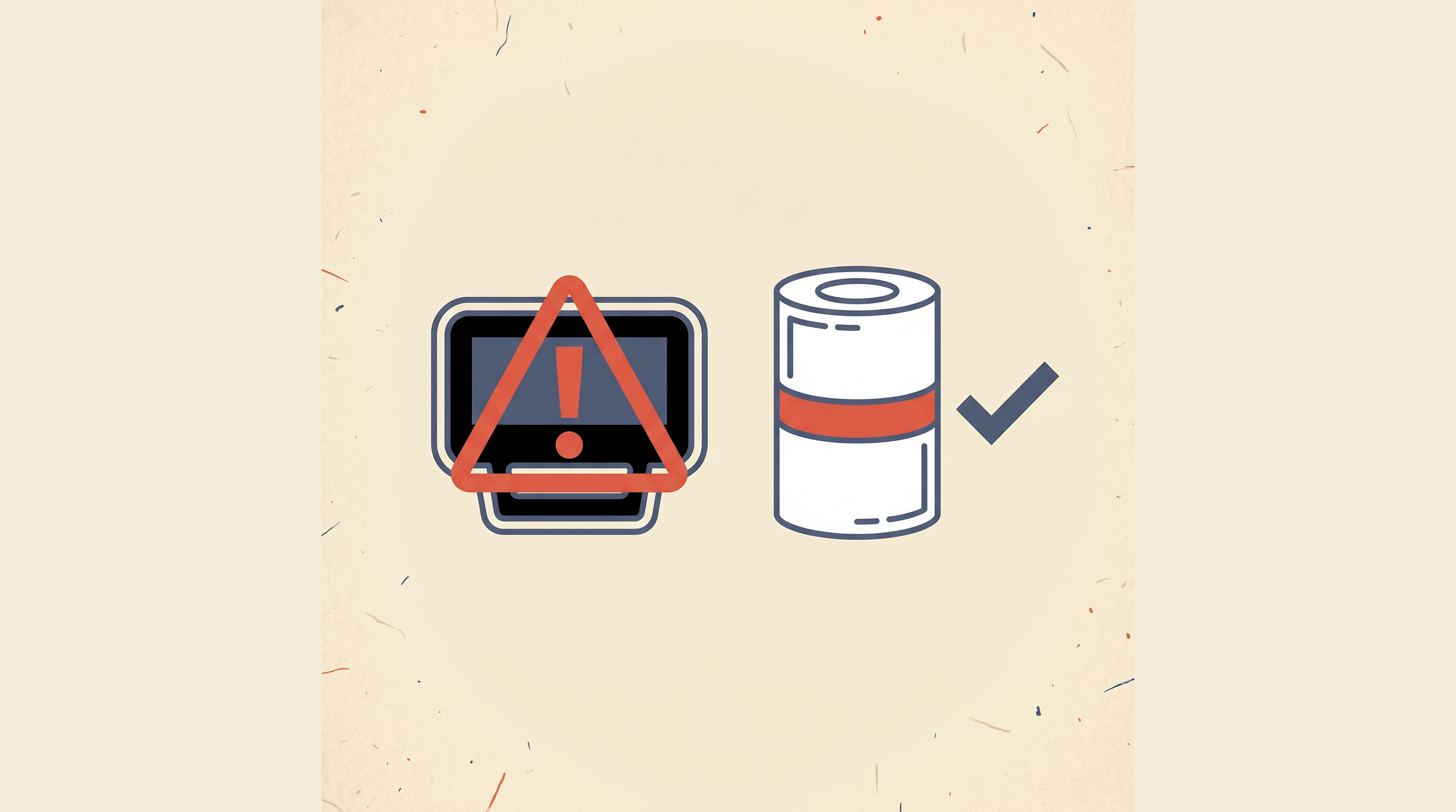 Flat-vector illustration of a recalled electronic radon monitor with a red warning triangle next to an approved alpha-track radon detector with a checkmark on a cream background