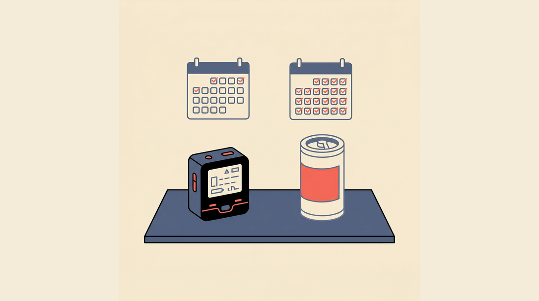 Flat-vector illustration comparing a short-term electronic radon monitor and a long-term alpha-track radon canister on a cream background
