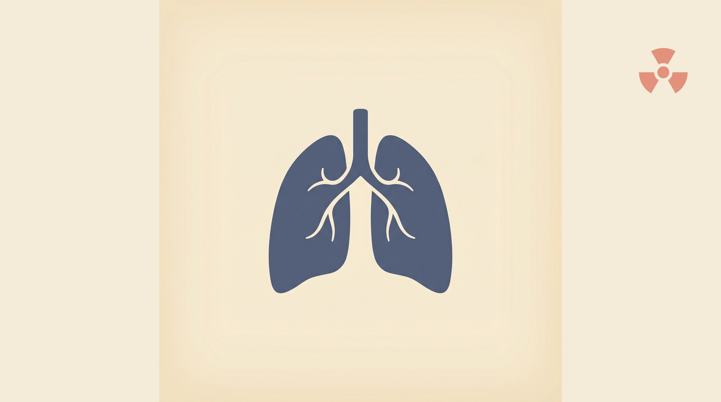 Flat-vector illustration of stylized human lungs in muted slate-blue on a cream parchment background, with a small coral-red radioactive trefoil symbol in the upper-right corner — visual marker for the article on symptoms of radon exposure in Canada