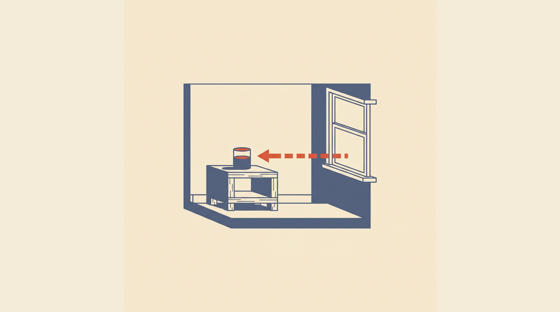 Flat-vector illustration of a room interior with a radon detector placed on a low shelf and a placement-location marker on a cream background