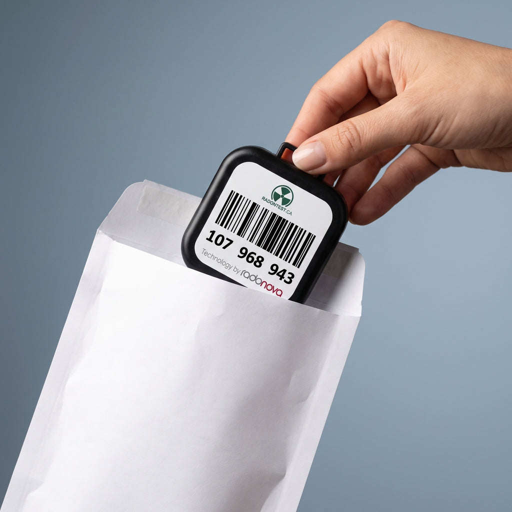 A hand sliding the Essential alpha-track radon detector into its prepaid return envelope, which needs no postage and no trip to a counter