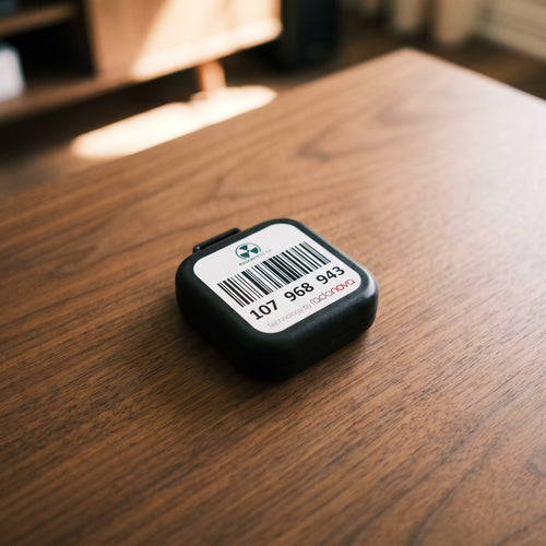 The Essential alpha-track radon detector resting flat on a wooden table in a lived-in room, showing its RadonTest.ca barcode label