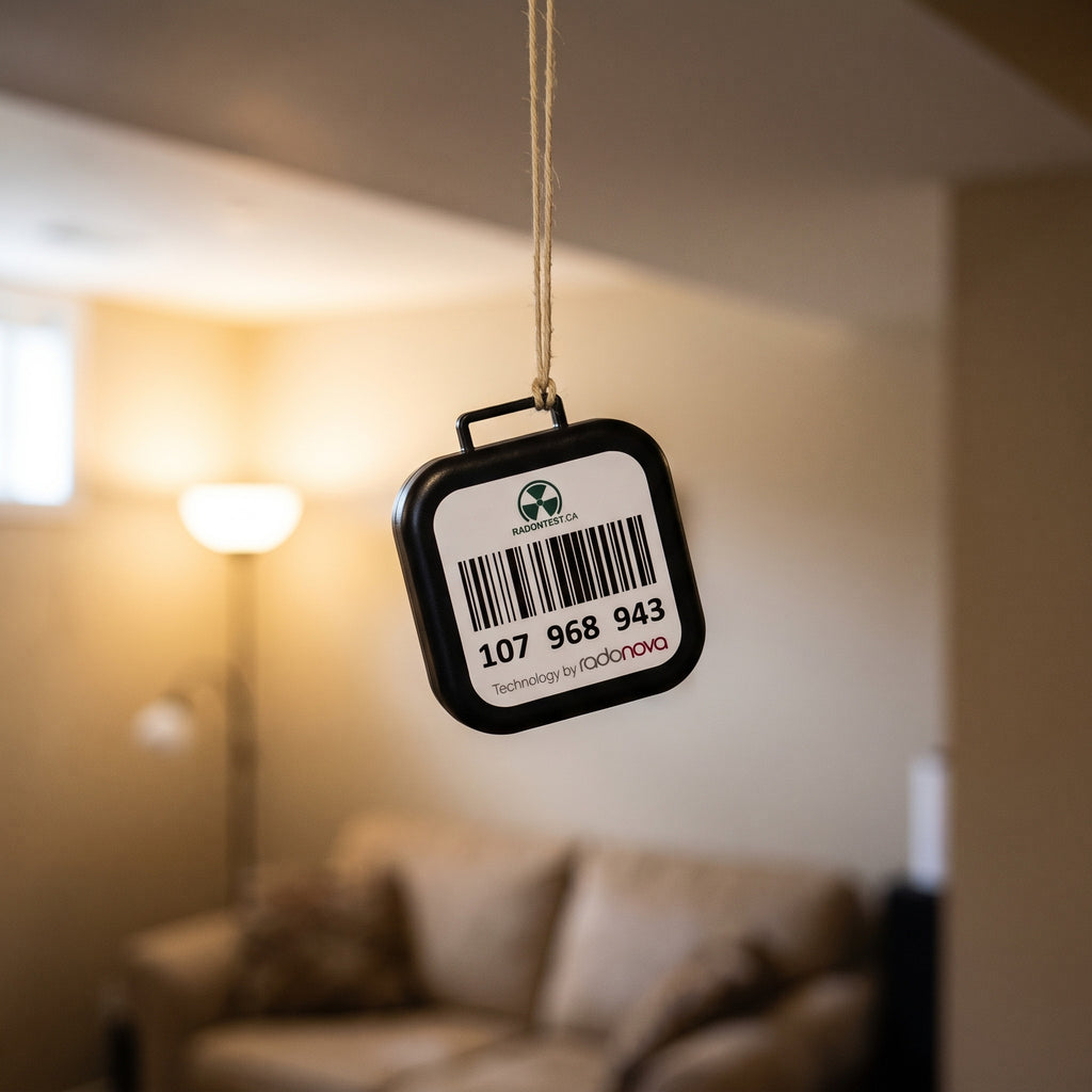 The Essential alpha-track radon detector hanging from a cord in a finished basement living room, the lowest lived-in level of the home