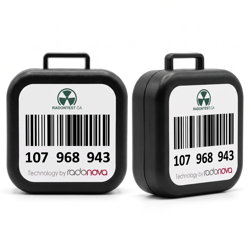 Two Essential alpha-track radon detectors shown front and side, each with a carrying handle and a RadonTest.ca barcode label