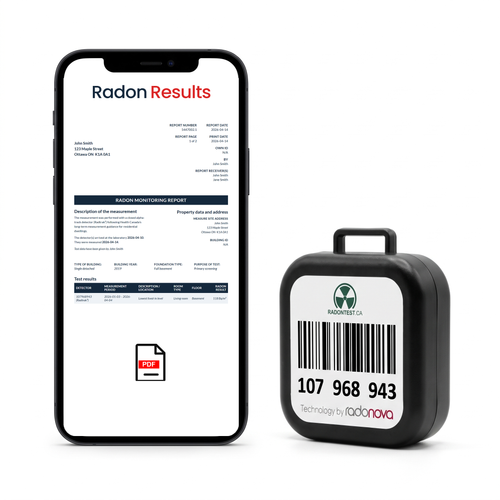 Radon monitoring report open on a phone beside the Essential alpha-track detector, showing the measurement period and the result in becquerels per cubic metre, with a downloadable PDF