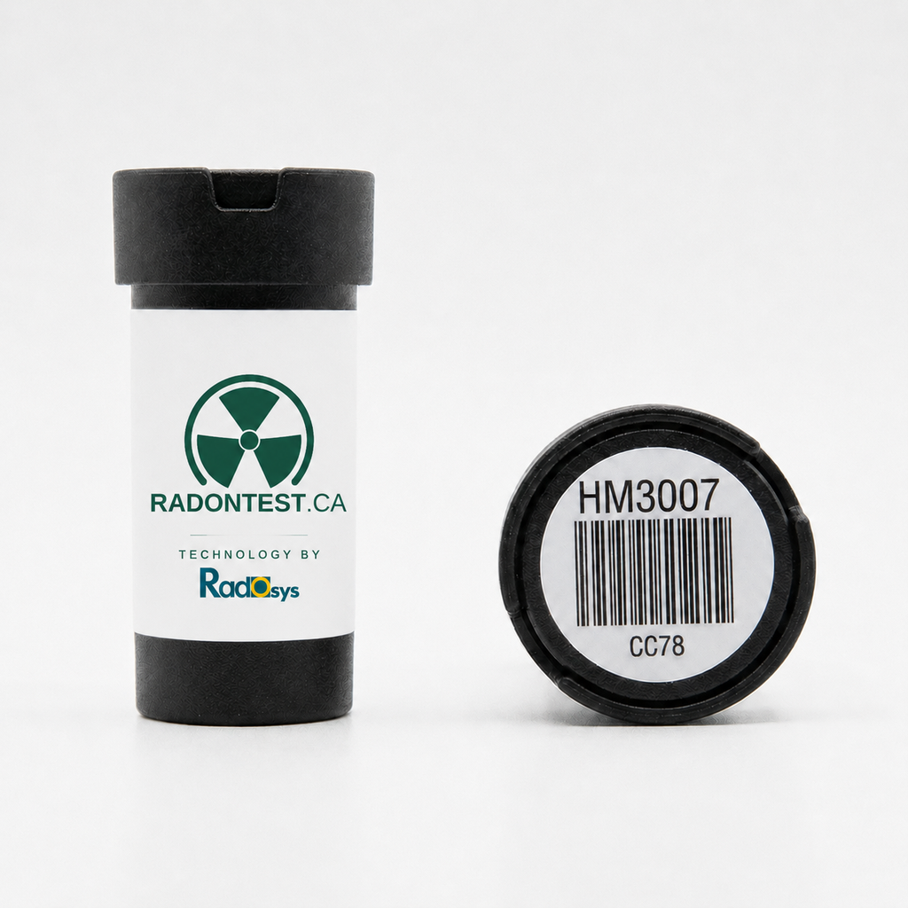 Close-up of the RadonTest.ca alpha-track radon detector and its barcoded serial-number label