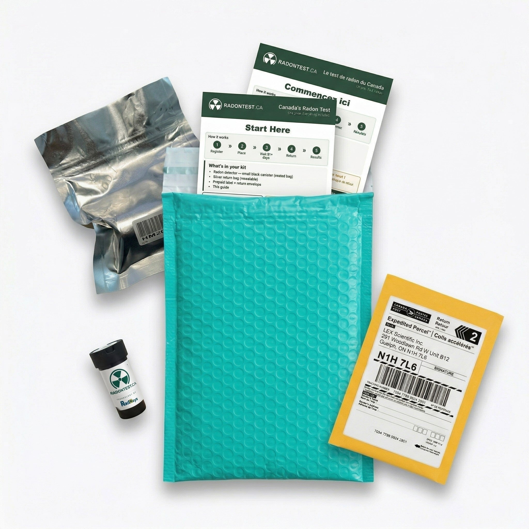 Complete radon test kit: alpha-track detector, foil bag, guide and pre-paid Canada Post return mailer to the lab