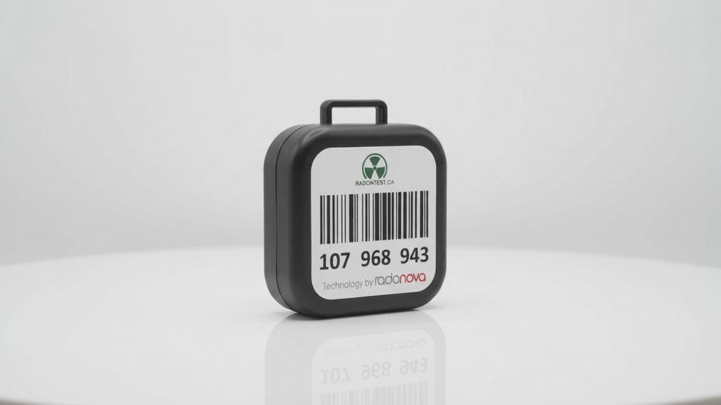 Essential radon test kit, 360-degree view of the detector and return envelope