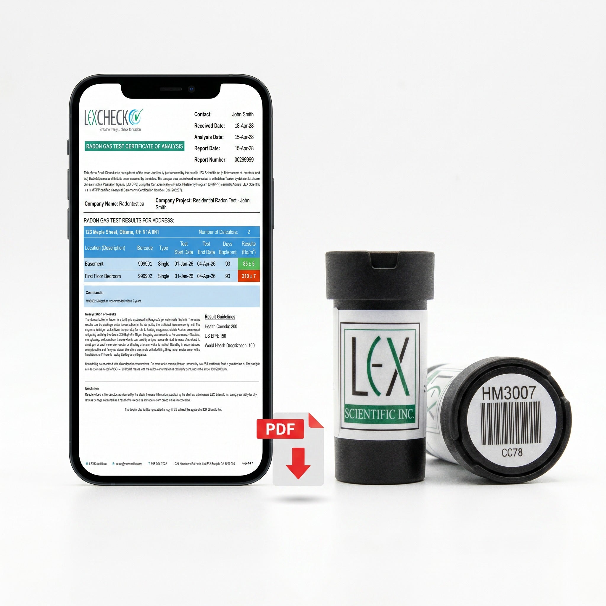 Editorial product photo: smartphone displaying the RadonTest.ca lab analysis PDF report on its screen, next to the Lex Scientific Inc. radon test detector canister — clean white studio background