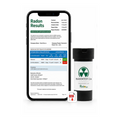 Radon test results certificate shown on a phone beside the alpha-track detector, with a downloadable PDF report