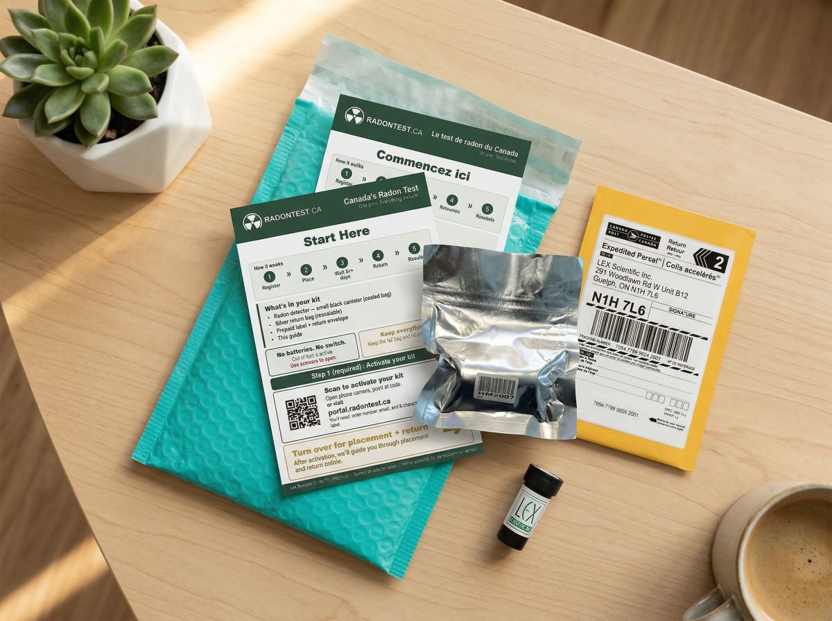 RadonTest kit unboxing — radon detector, instruction card, and return label in a mailer box