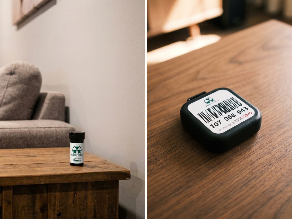 The Signature detector standing on a side table and the Essential detector lying flat on a table, both in lived-in rooms