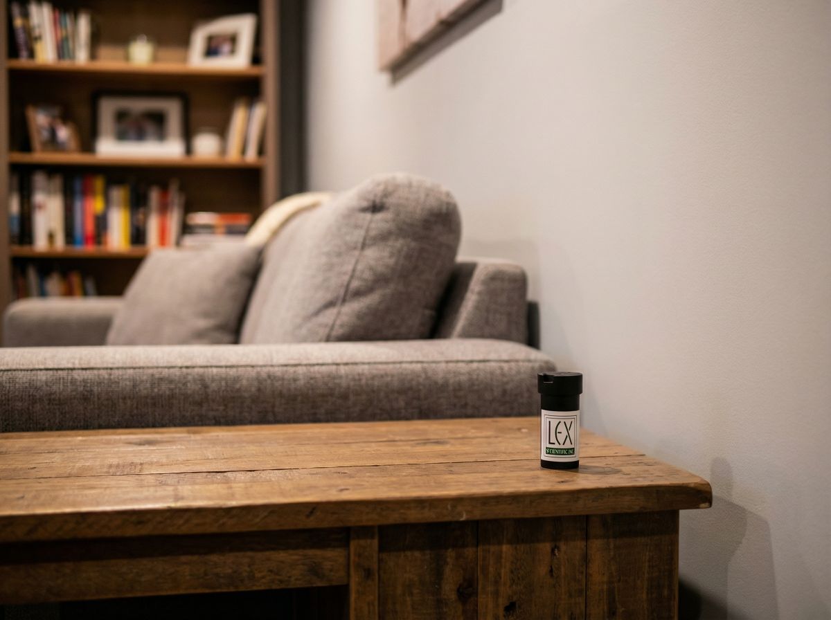 Radon detector placed on a side table in a finished basement