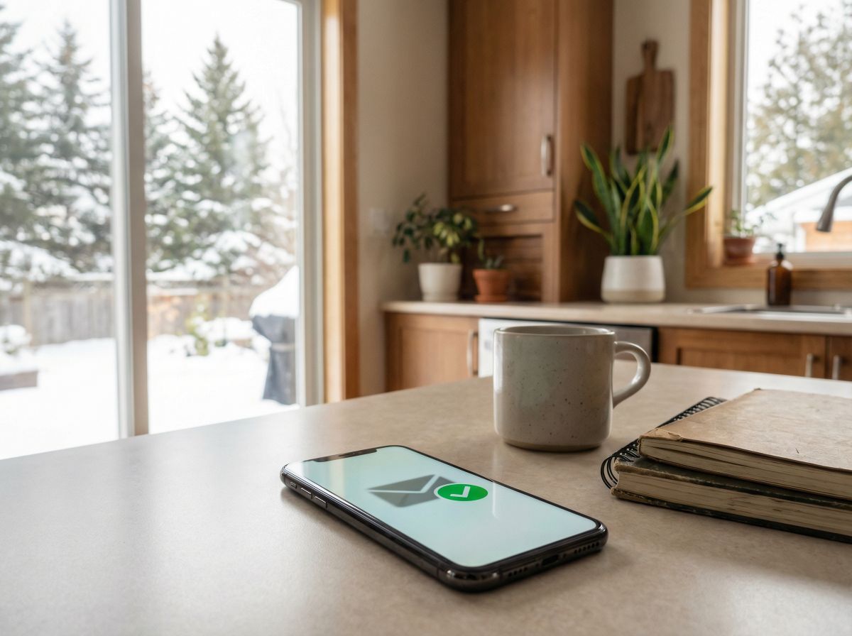 Phone showing email notification on a kitchen counter with snow visible outside