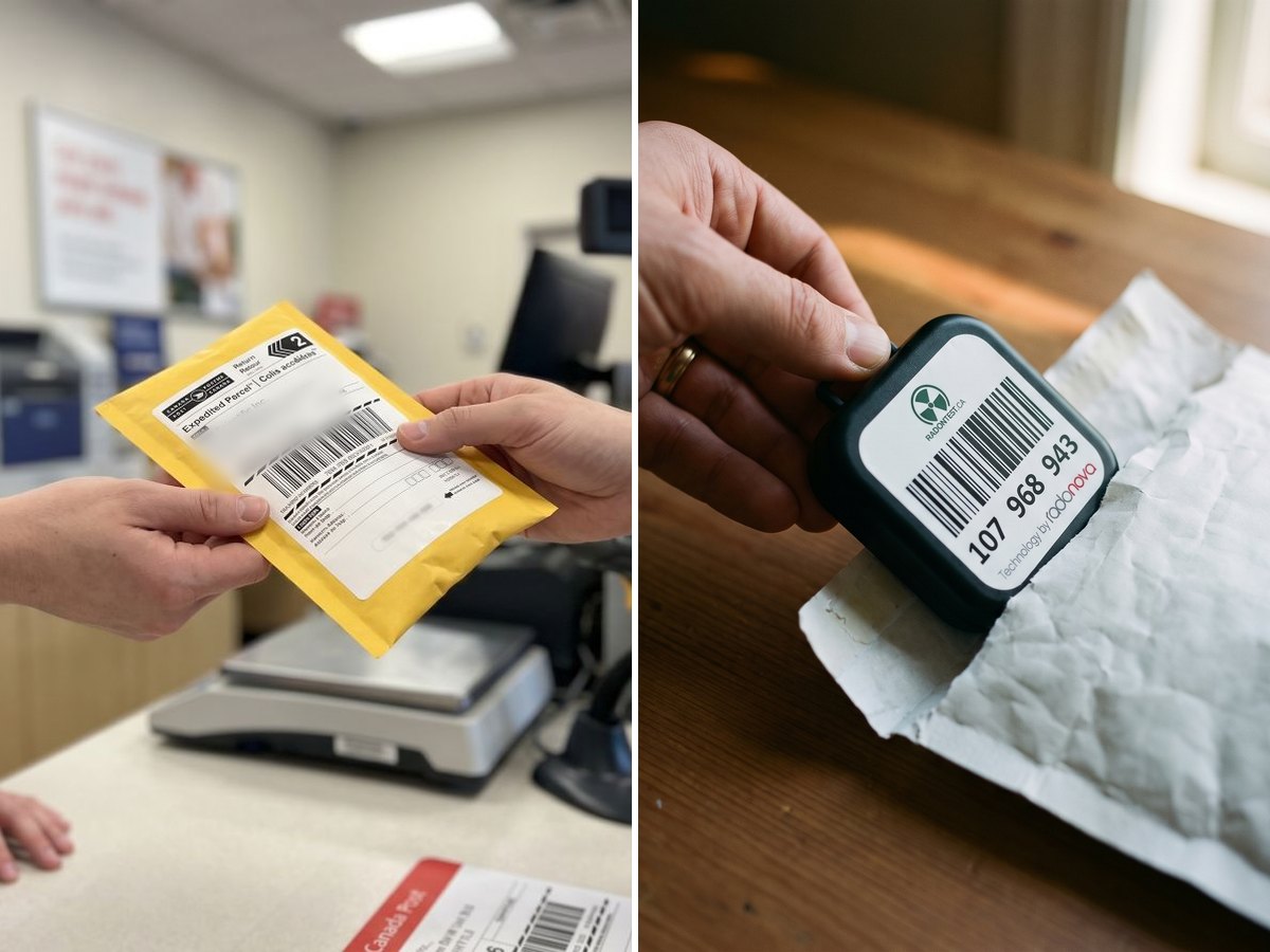 Handing the Signature return mailer over a Canada Post counter, and sliding the Essential detector into its prepaid return envelope