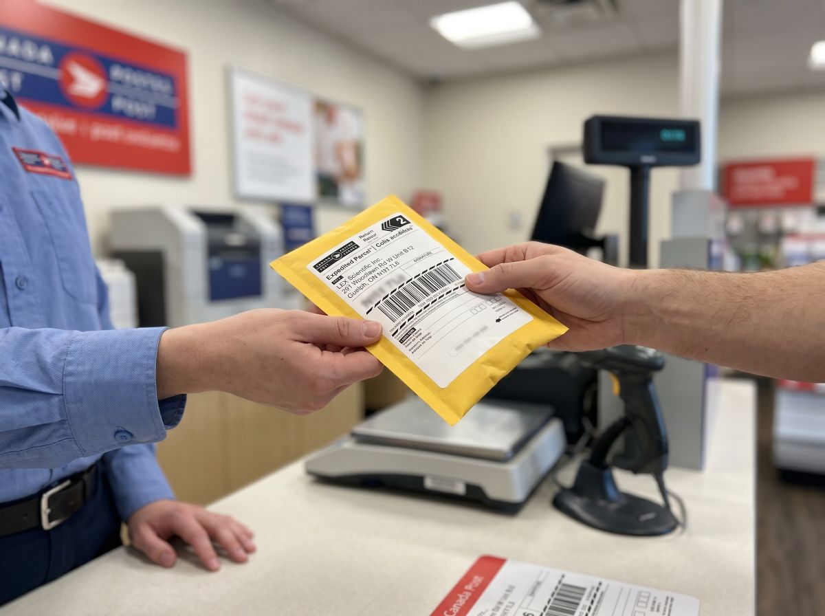 RadonTest return mailer with prepaid label handed over at a Canada Post outlet counter