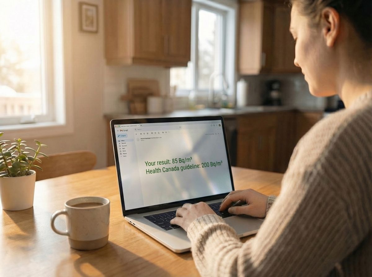 Person viewing radon test results email on a laptop in a kitchen